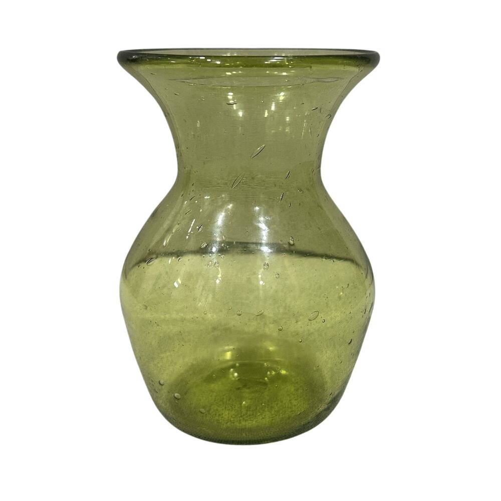 Vintage Green Hand Blown Glass Vase 5” Art Glass Bulbous Form MCM Bubble Pontil